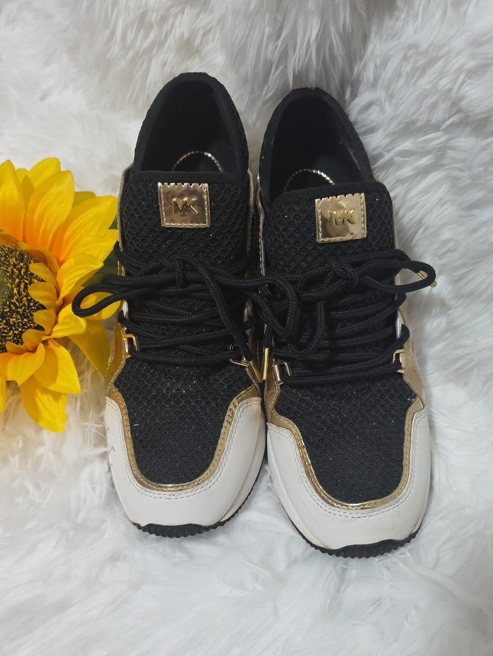 Michael Kors Black, Gold & White Lace-Up Mesh Sneakers